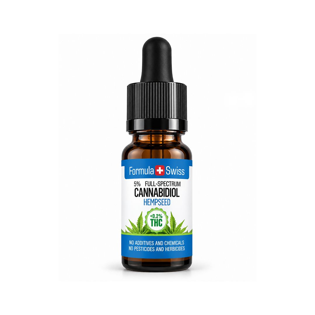 Braunglas-Pipettenflasche Formula Swiss CBD-Öl in Hanfsamenöl, weisses Etikett mit blauen Streifen und grünen Hanfblättern