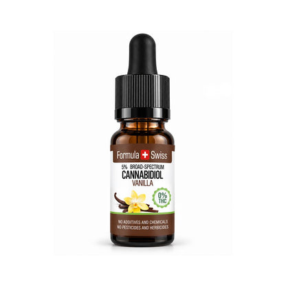Flacon compte-gouttes ambré d’huile de CBD Formula Swiss Vanille, 5 % spectre large, étiquette ornée de fleurs de vanille