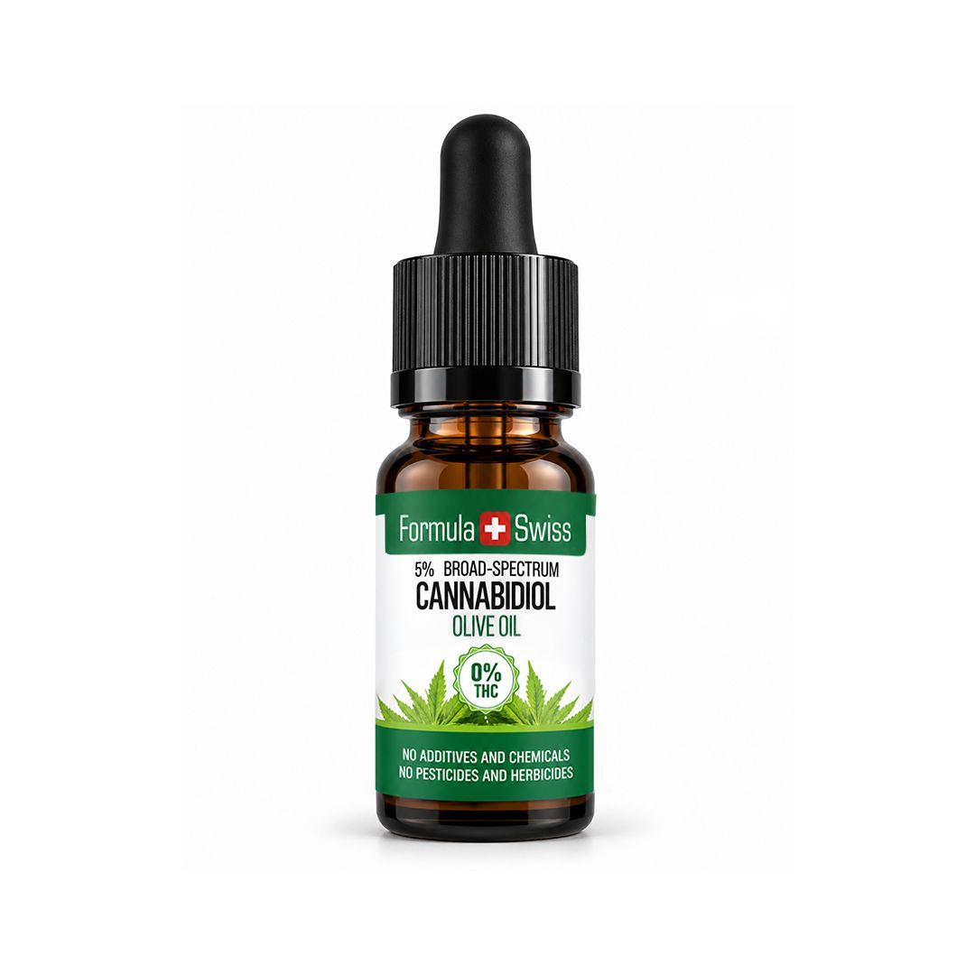Flacon compte-gouttes ambré d’huile de CBD Formula Swiss à l’huile d’olive, 0 % THC, bouchon noir, sur fond gris clair