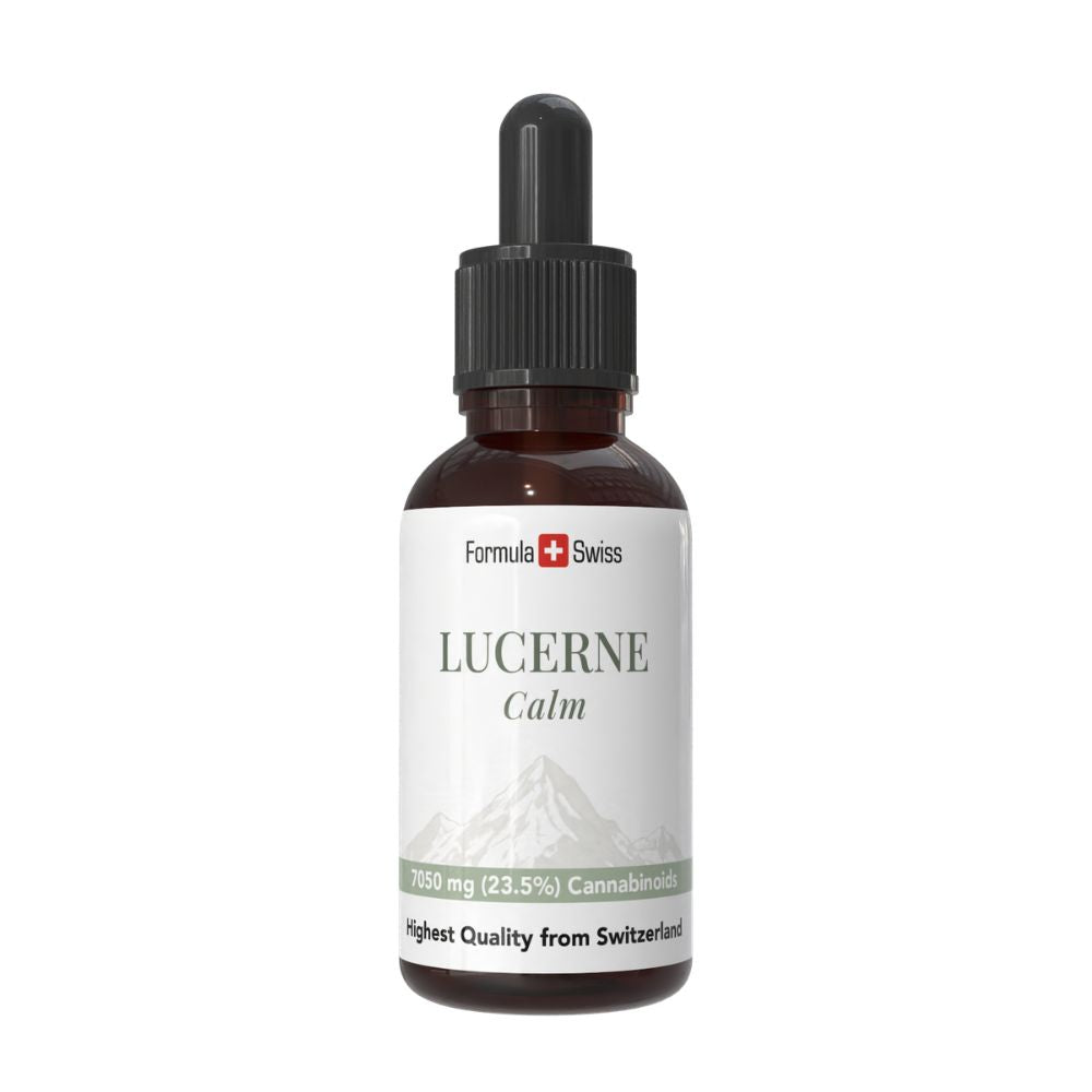 Bottle of Lucerne Calm with Formula Swiss branding on a white background